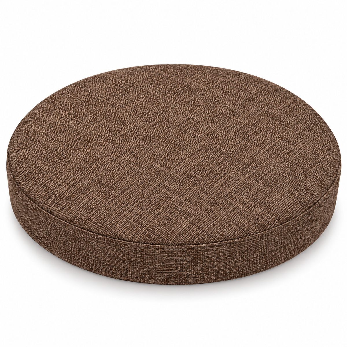 Coussin de tabouret rond marron en tissu chiné sur fond blanc.