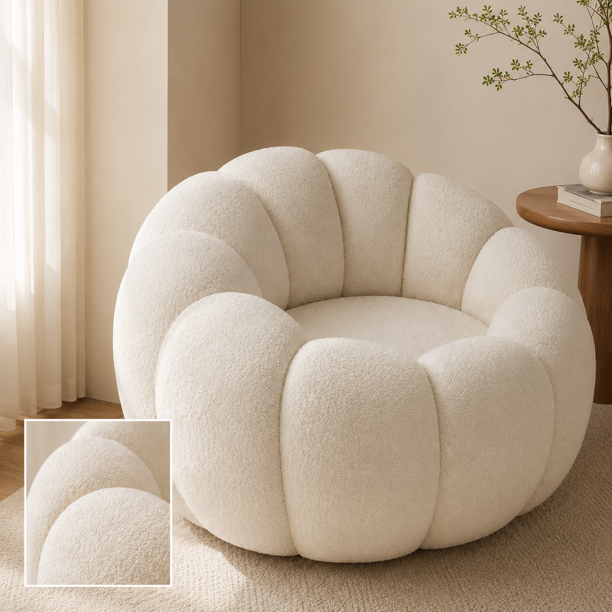 Fauteuil pouf salon bouclette forme citrouille dans un coin salon cosy et lumineux