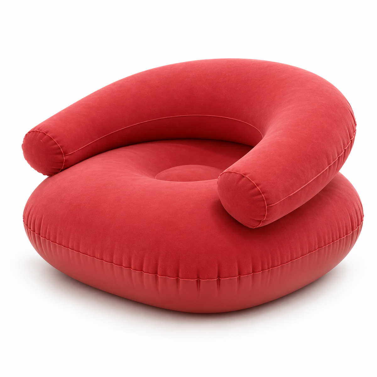 Fauteuil pouf gonflable rouge corail sur fond blanc, avec surface floquée, dossier enveloppant et accoudoirs arrondis.