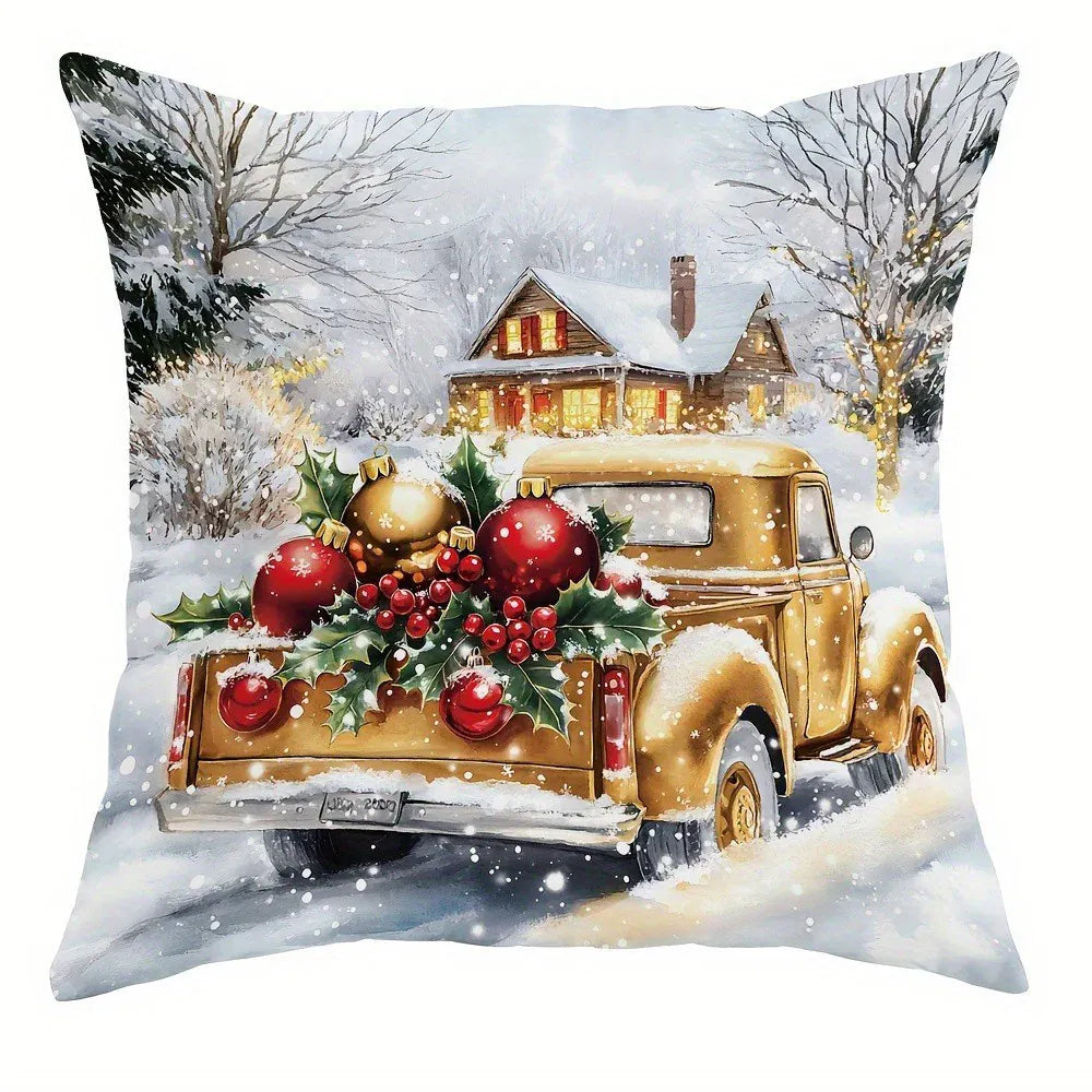 Coussin décoratif avec un motif de camion vintage chargé de décorations de Noël sur fond enneigé