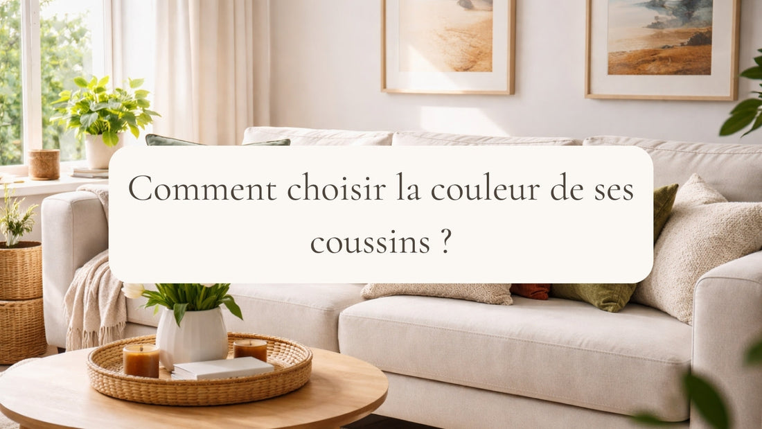 Canapé gris décoré de coussins colorés avec le texte « Comment choisir la couleur de ses coussins ? » dans un salon chaleureux et moderne