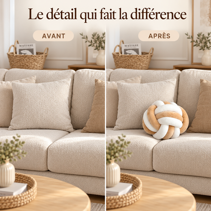 Canapé beige avant et après l’ajout d’un coussin nœud blanc et camel