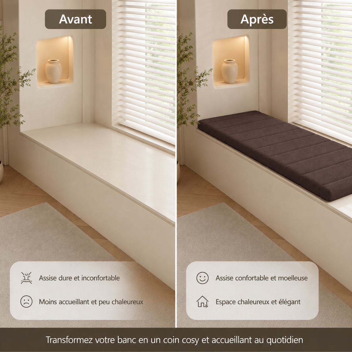 Comparaison d’une banquette de fenêtre vide puis aménagée avec un coussin de banc marron foncé.