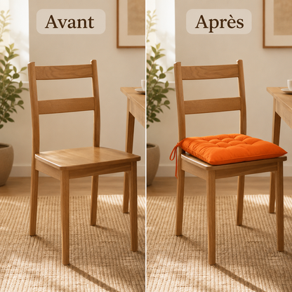 Comparaison d’une chaise en bois sans coussin puis équipée d’un coussin d’assise orange avec attaches.