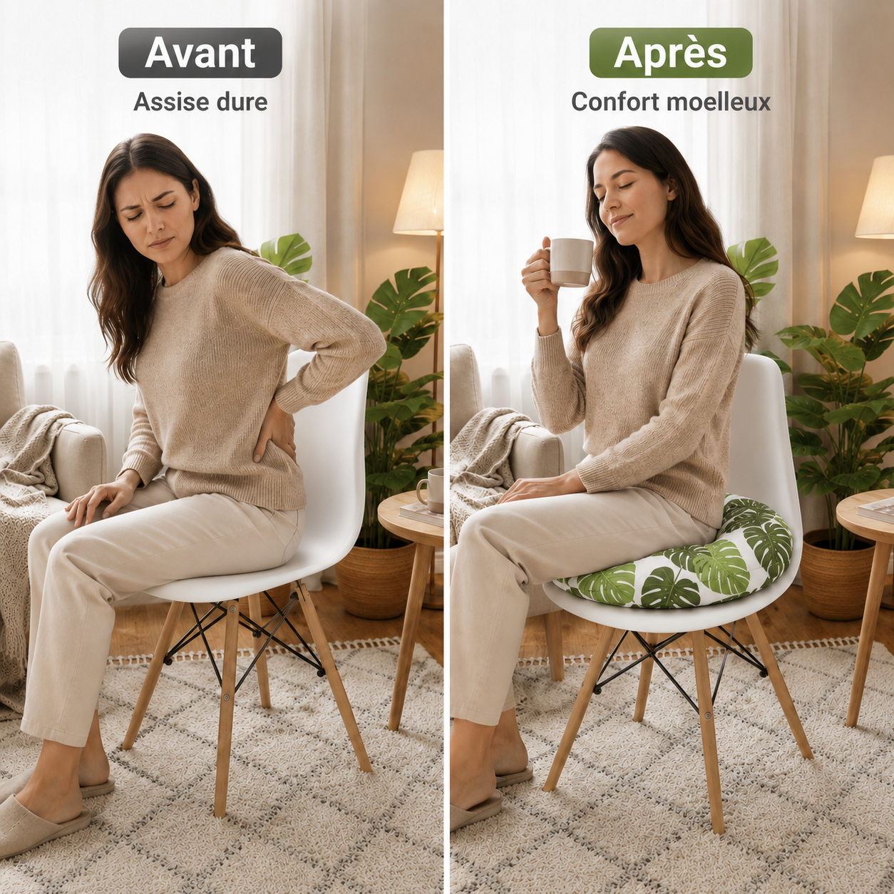 Comparaison avant après montrant une femme assise sans coussin puis avec un coussin de chaise rond pour un meilleur confort.
