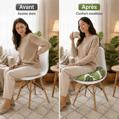 Comparaison avant après montrant une femme assise sans coussin puis avec un coussin de chaise rond pour un meilleur confort.