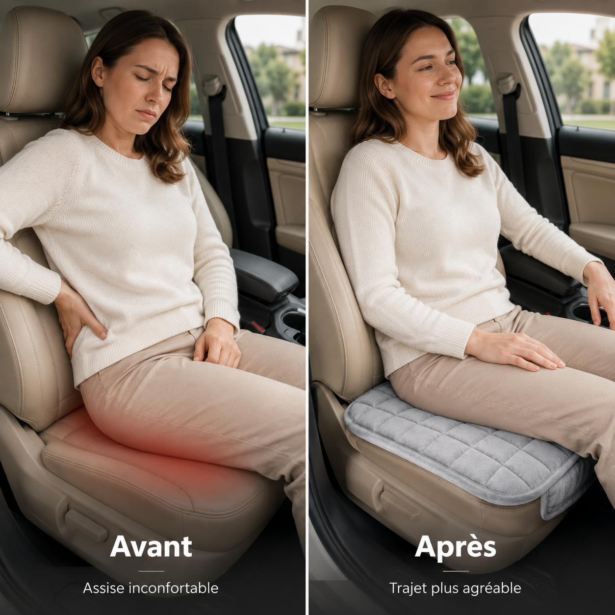 Comparaison avant après montrant une conductrice inconfortable puis confortablement assise sur un coussin de voiture gris.