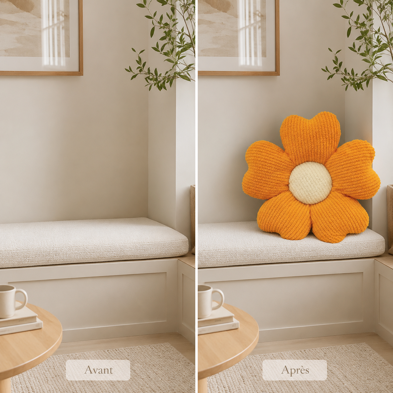 Comparaison d’une banquette sans décoration puis agrémentée d’un coussin orange en forme de fleur.