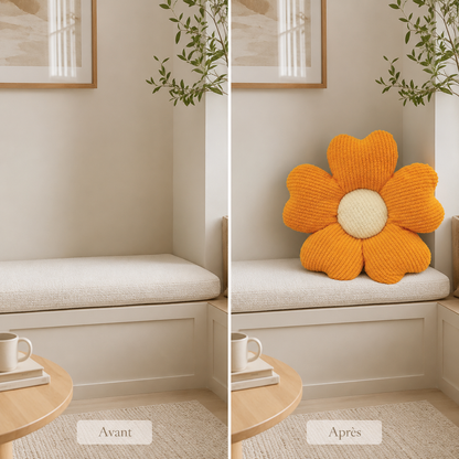 Comparaison d’une banquette sans décoration puis agrémentée d’un coussin orange en forme de fleur.