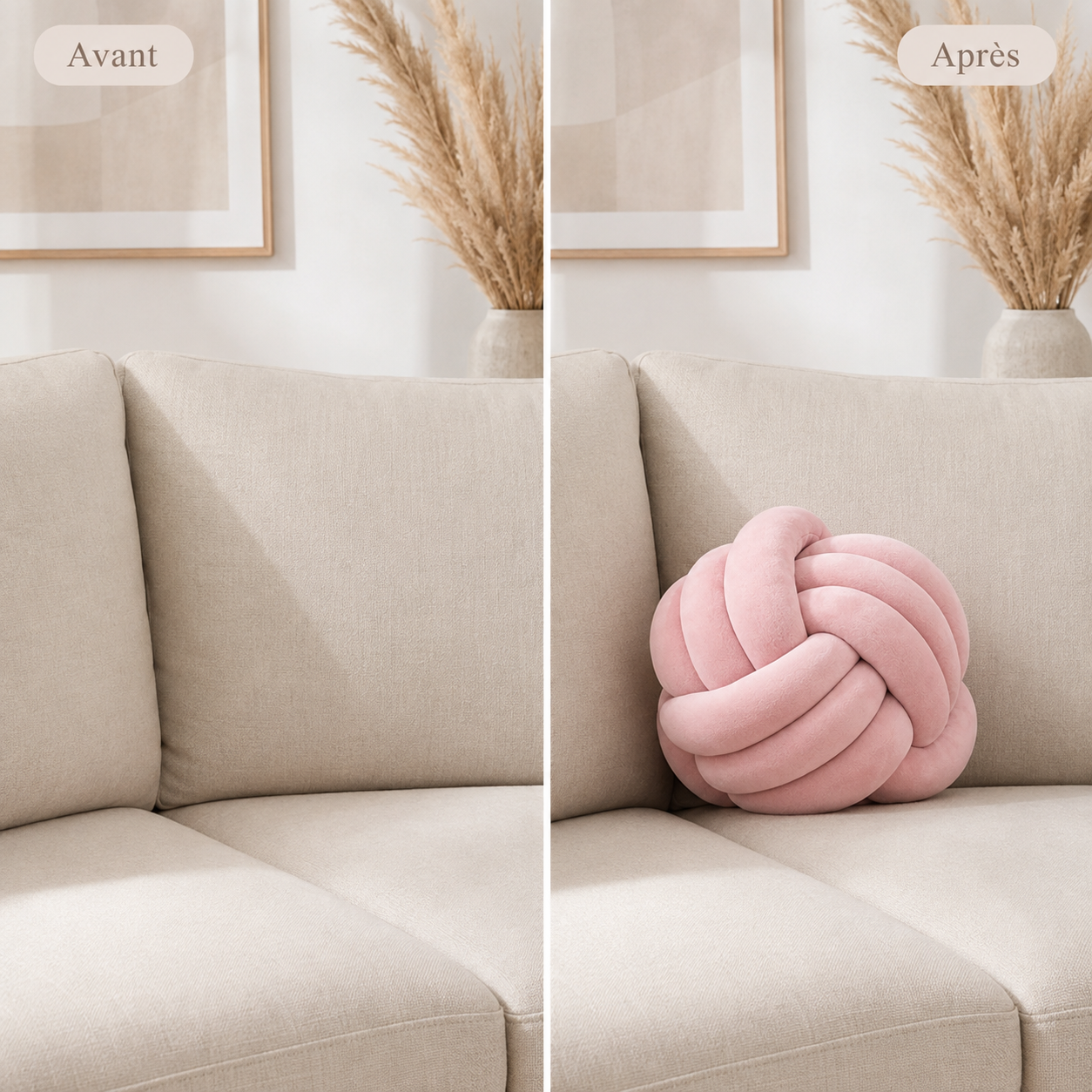 Comparaison d’un canapé beige avant et après l’ajout d’un coussin nœud rose décoratif.