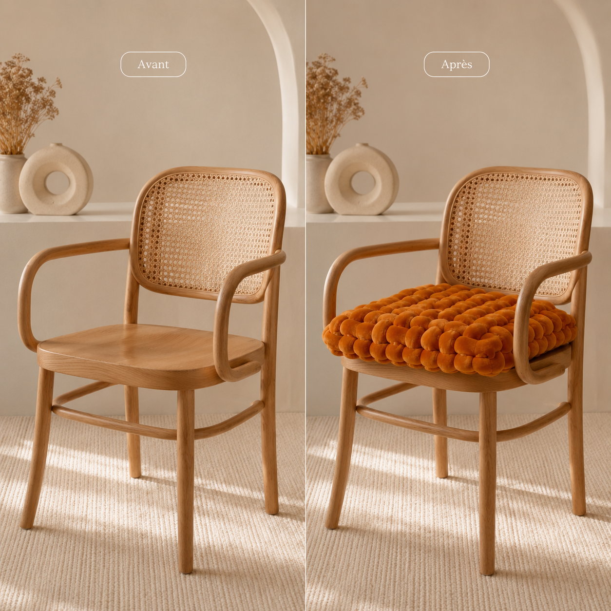 Comparaison avant et après montrant une chaise en bois agrémentée d’un coussin tressé orange.