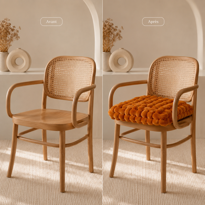 Comparaison avant et après montrant une chaise en bois agrémentée d’un coussin tressé orange.
