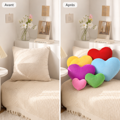 Comparaison d’un lit avant et après l’ajout de plusieurs coussins cœur colorés.