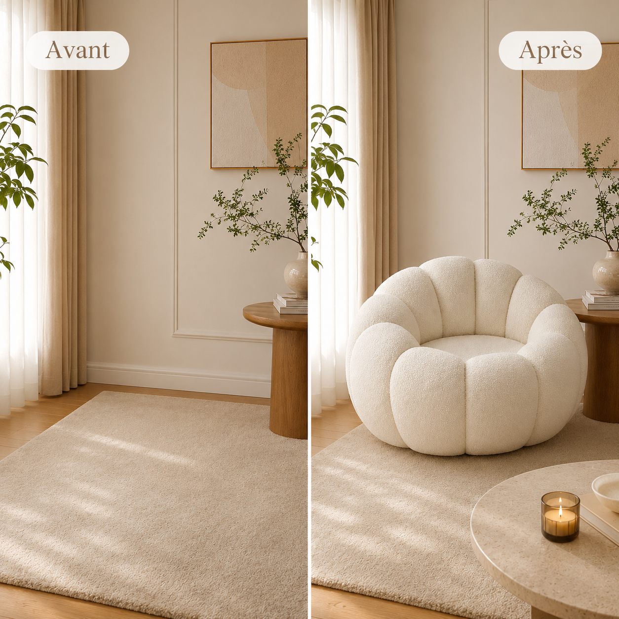Comparaison avant après d’un coin salon transformé avec un fauteuil pouf bouclette forme citrouille