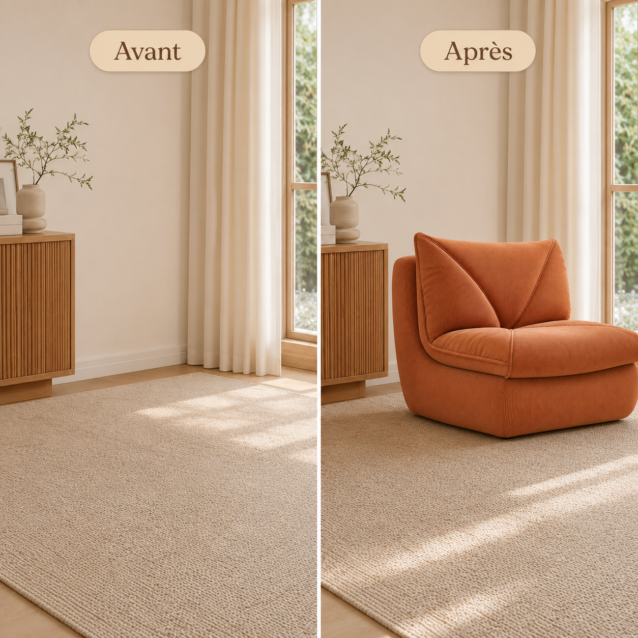 Comparaison avant après d’un coin salon avec fauteuil pouf salon en velours côtelé