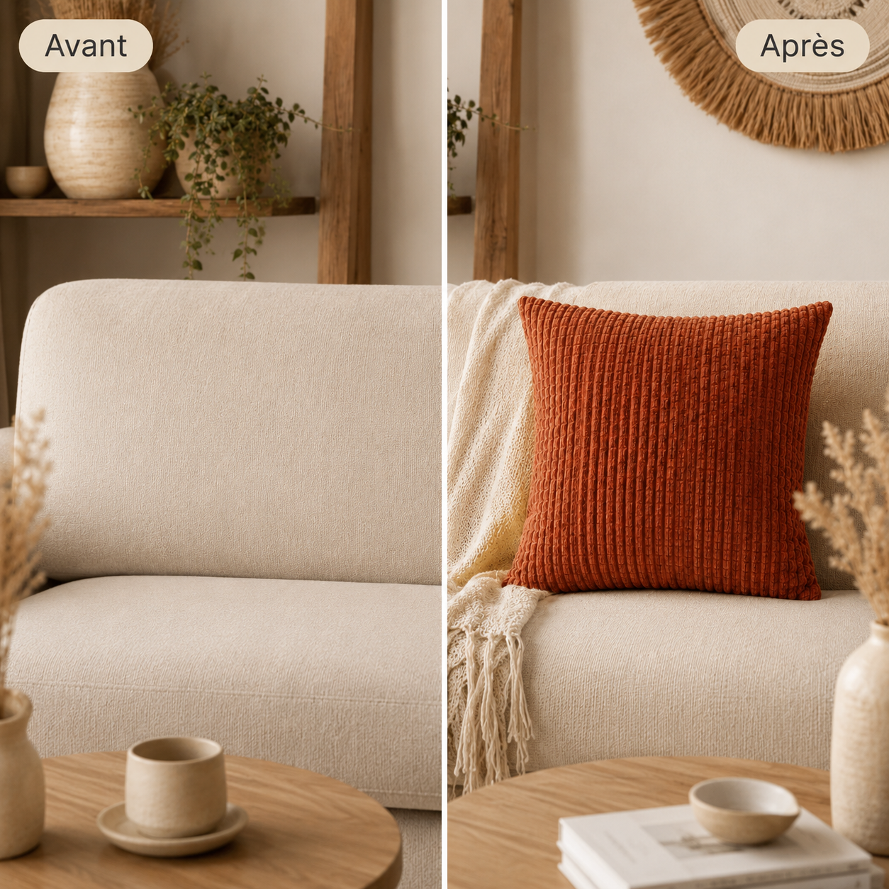 Comparaison avant après d’un canapé beige décoré avec une housse de coussin terracotta côtelée.