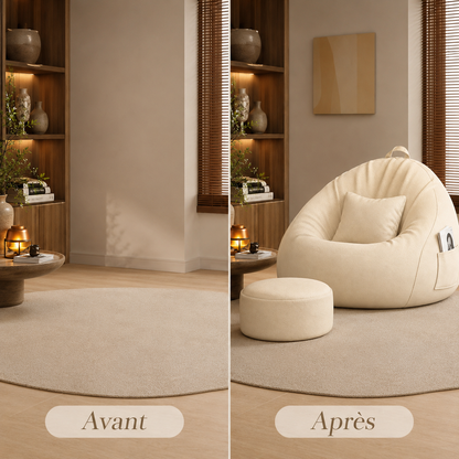 Coin salon avant et après l’installation d’un pouf poire géant avec repose-pieds