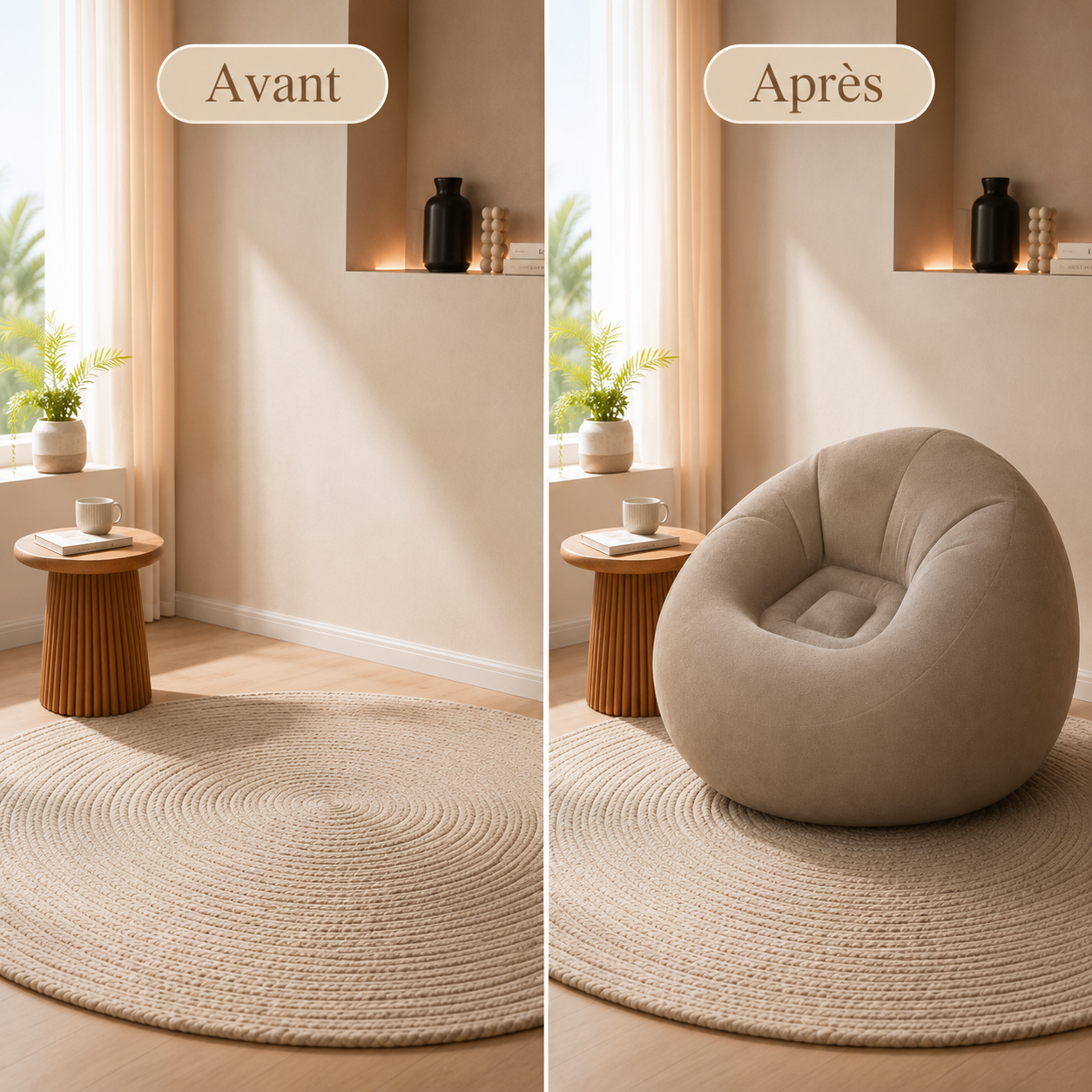 Coin salon avant et après l’installation d’un pouf poire gonflable effet velours taupe