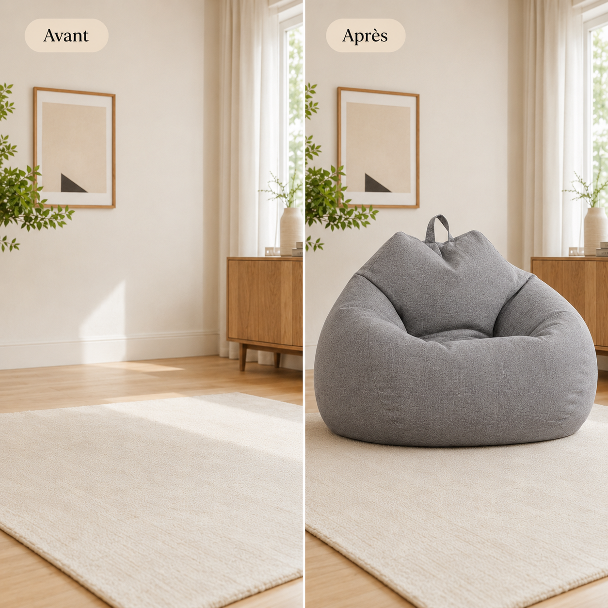 Coin salon avant et après l’installation d’un pouf poire géant en lin gris foncé