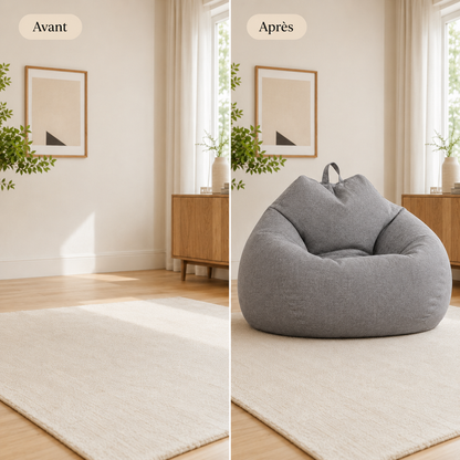 Coin salon avant et après l’installation d’un pouf poire géant en lin gris foncé