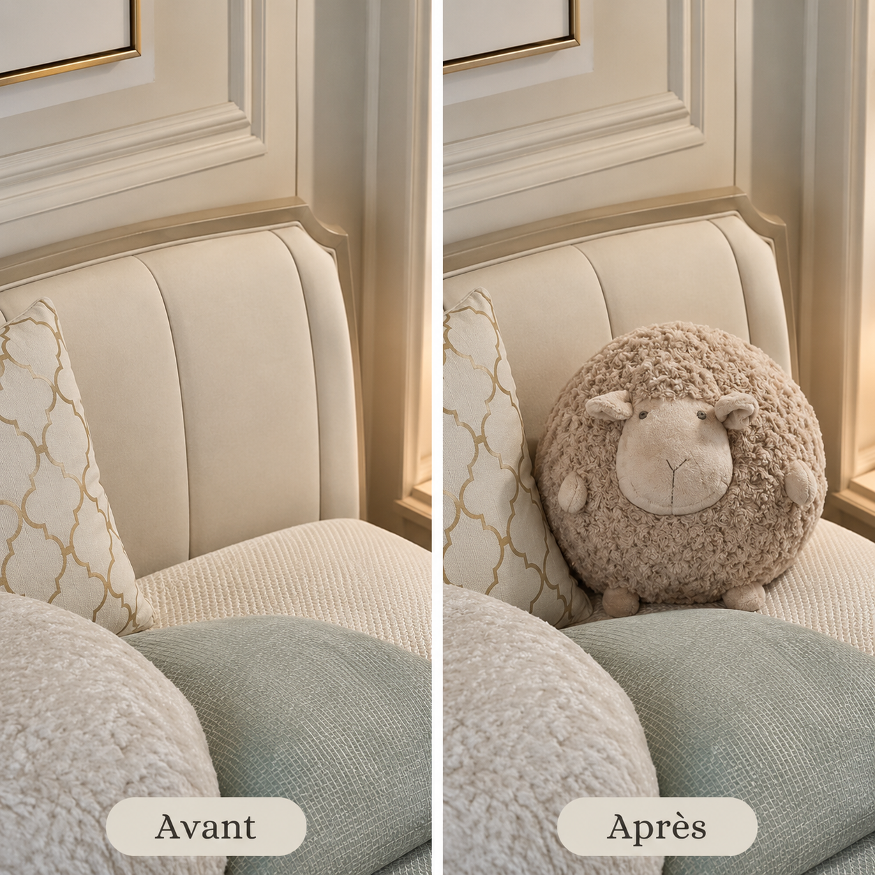 Comparaison avant après d’un lit décoré avec un coussin mouton moelleux