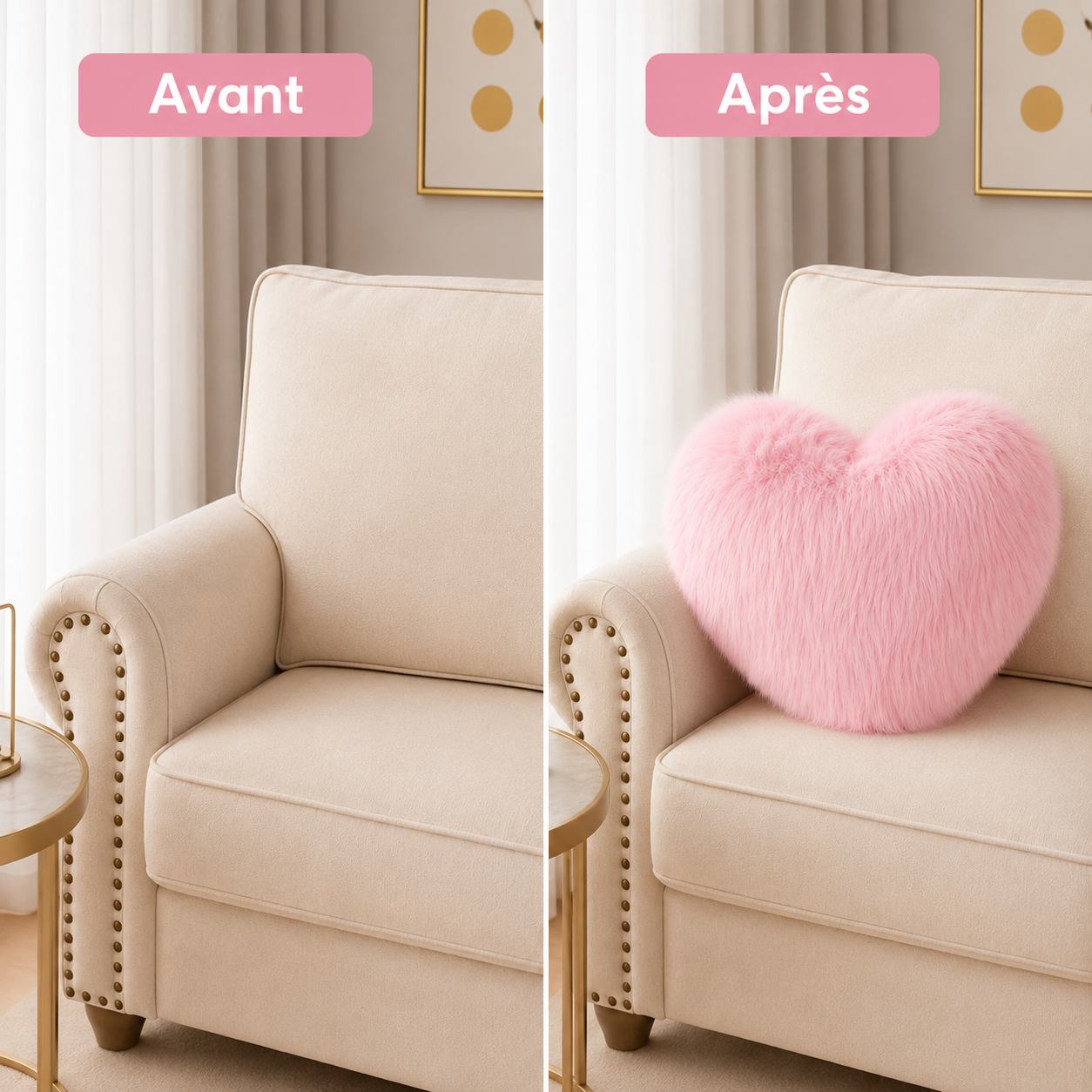 Comparaison avant après d’un fauteuil décoré avec un coussin moumoute rose en forme de cœur.
