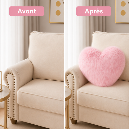 Comparaison avant après d’un fauteuil décoré avec un coussin moumoute rose en forme de cœur.
