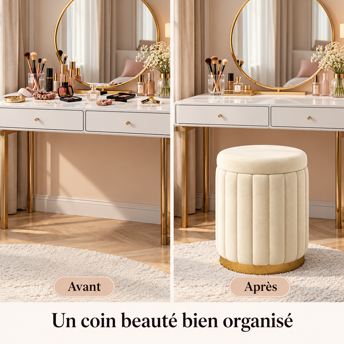 Comparaison d’une coiffeuse avant et après rangement des accessoires et ajout d’un pouf blanc crème à base dorée.