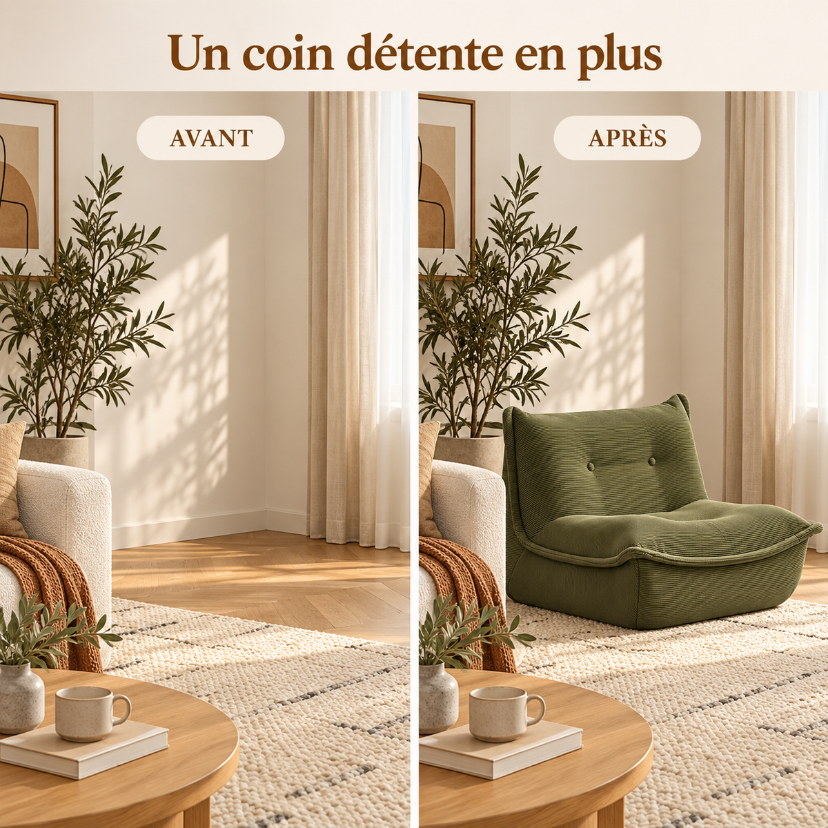 Comparaison du même coin de salon avant et après l’ajout d’un pouf vert olive en velours côtelé.