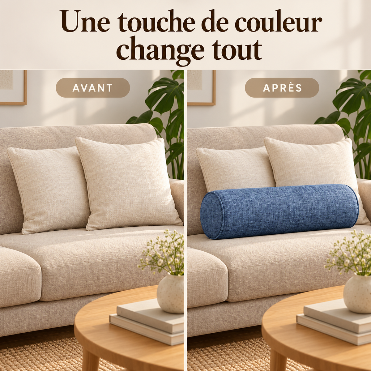 Canapé beige avant et après l’ajout d’un coussin boudin bleu en tissu chiné