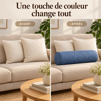 Canapé beige avant et après l’ajout d’un coussin boudin bleu en tissu chiné