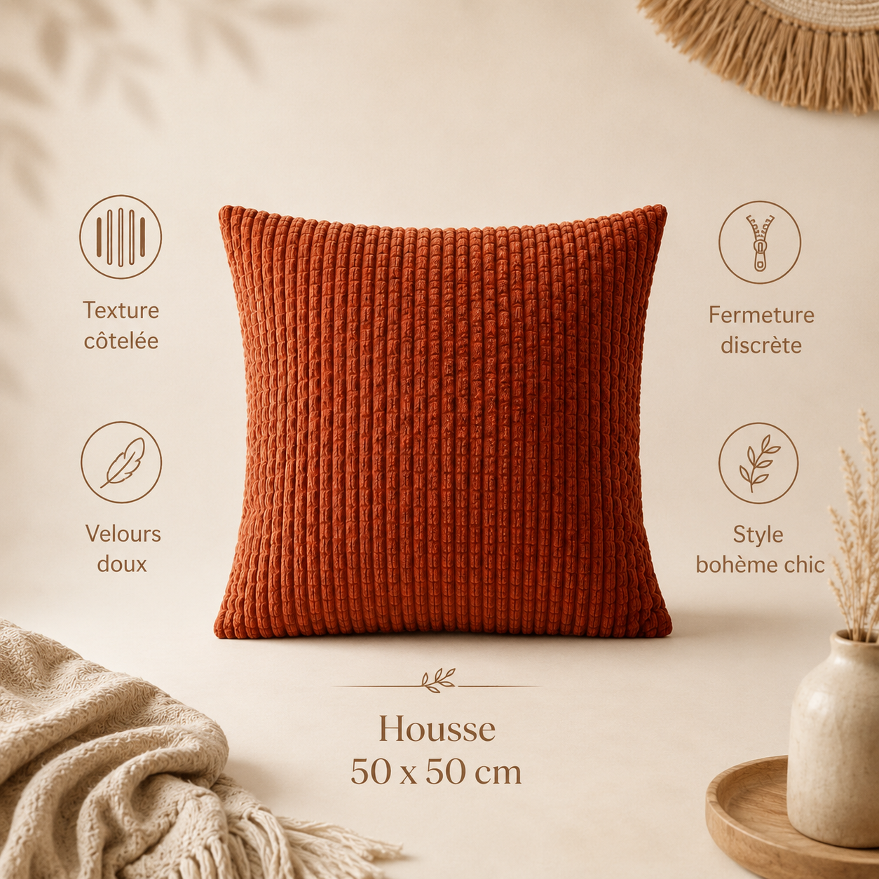 Housse de coussin terracotta 50 × 50 cm avec texture côtelée, toucher doux et fermeture discrète.