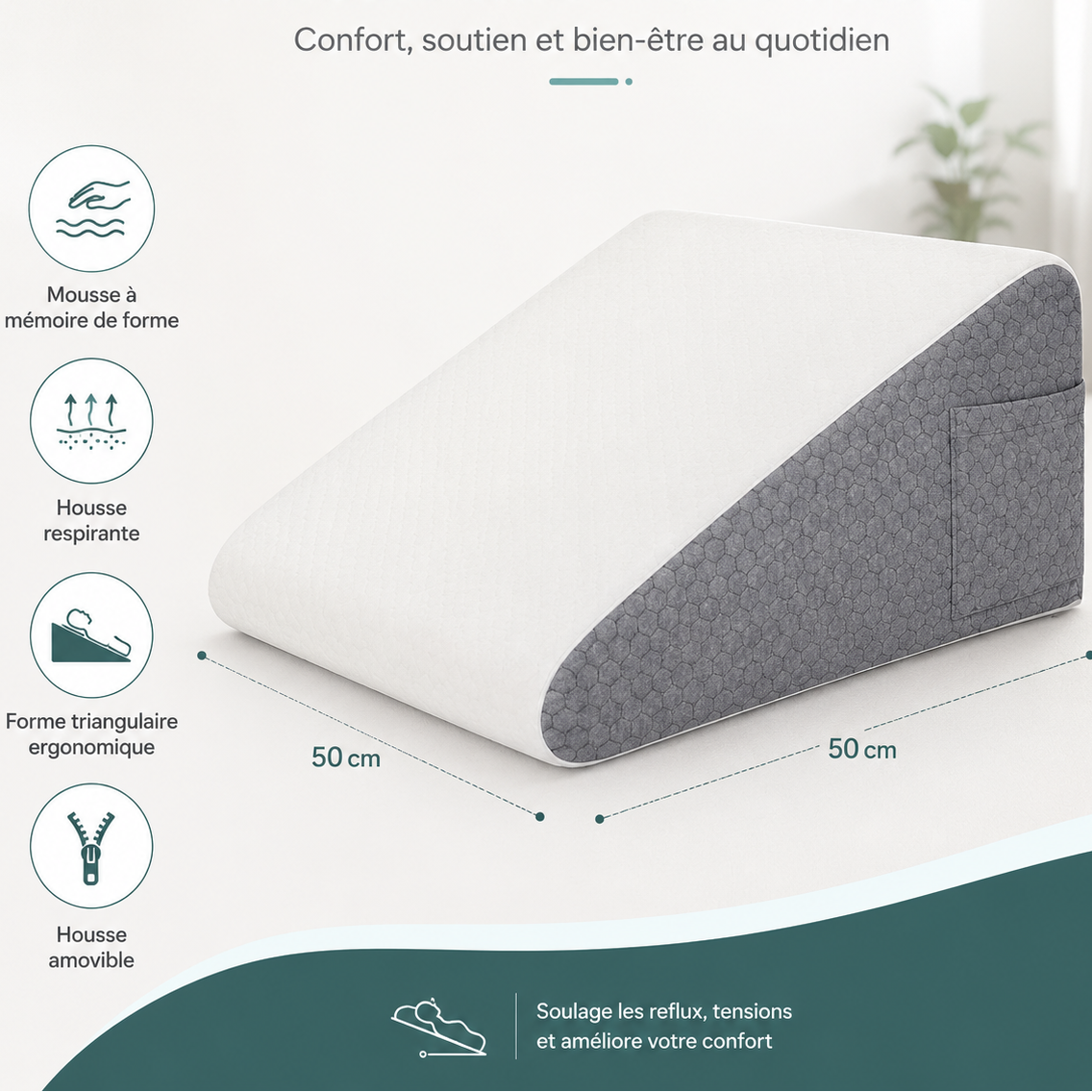 Coussin triangulaire en mousse mémoire de 50 x 50 x 26 cm