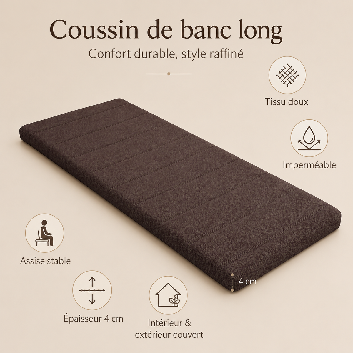 Coussin de banc marron foncé présenté avec ses caractéristiques : tissu doux, revêtement imperméable, assise stable et épaisseur de 4 cm.