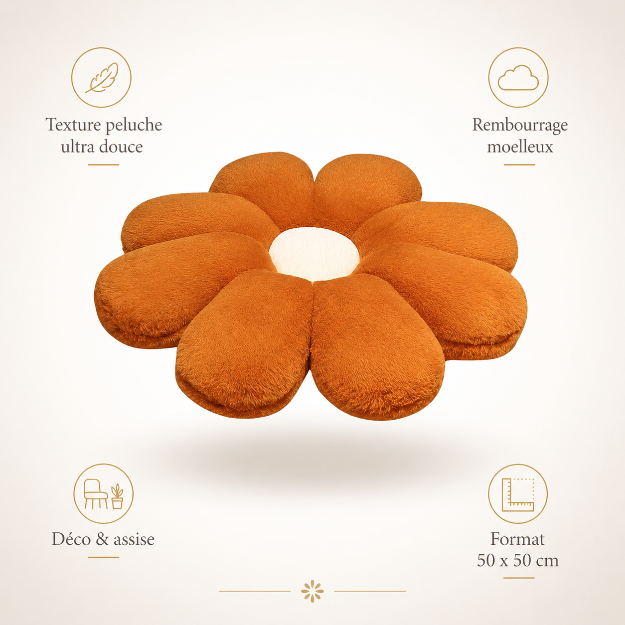 Coussin en forme de fleur orange avec texture peluche ultra douce, rembourrage moelleux et format 50 × 50 cm.