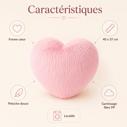 Infographie présentant les caractéristiques du coussin moumoute rose en forme de cœur.