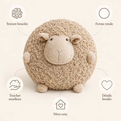 Visuel caractéristiques du coussin mouton moelleux avec ses points forts et son usage déco