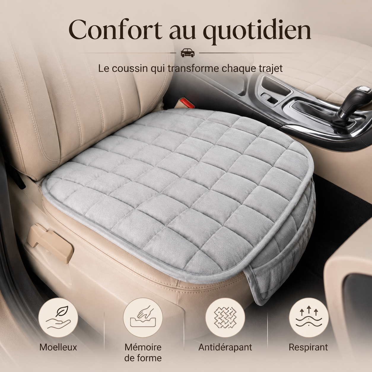 Coussin de siège voiture gris présenté avec ses caractéristiques de confort, de respirabilité et de stabilité.