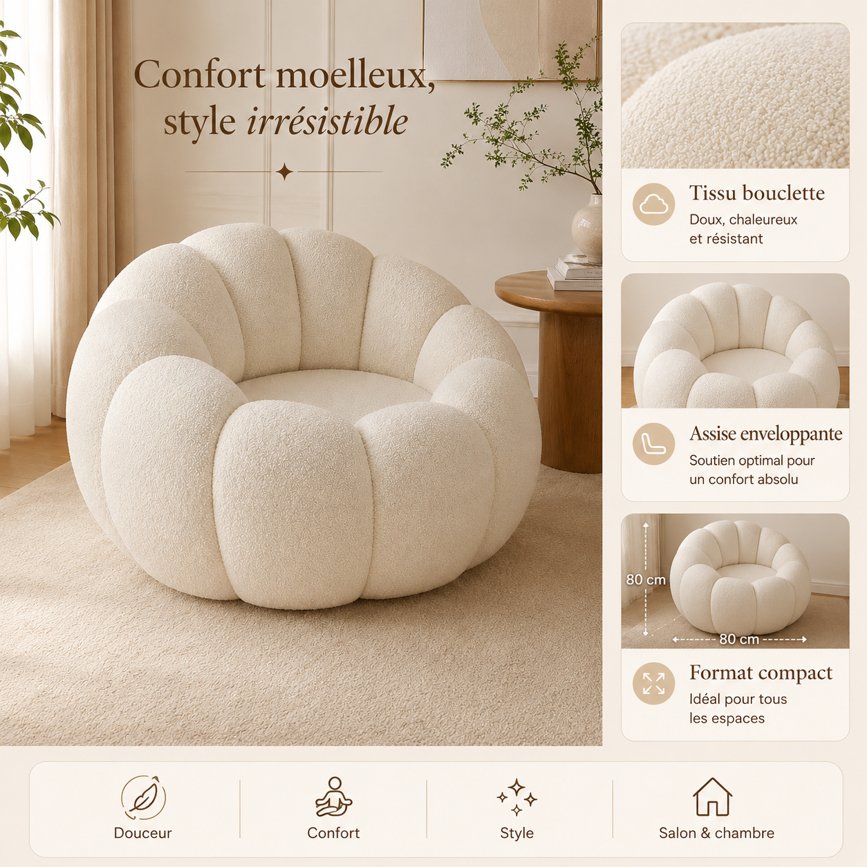 Visuel de présentation du fauteuil pouf salon bouclette forme citrouille avec ses principales caractéristiques
