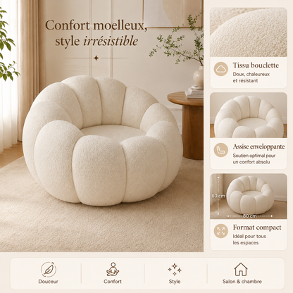 Visuel de présentation du fauteuil pouf salon bouclette forme citrouille avec ses principales caractéristiques