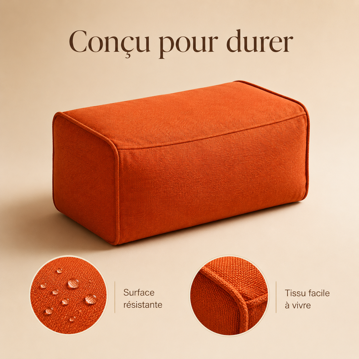 Présentation du tissu résistant et du garnissage du pouf extérieur rectangulaire
