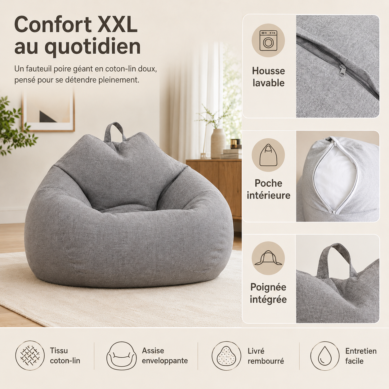 Présentation de la housse lavable, de la poche intérieure et des poignées du pouf poire en lin