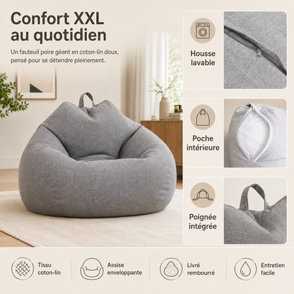 Présentation de la housse lavable, de la poche intérieure et des poignées du pouf poire en lin