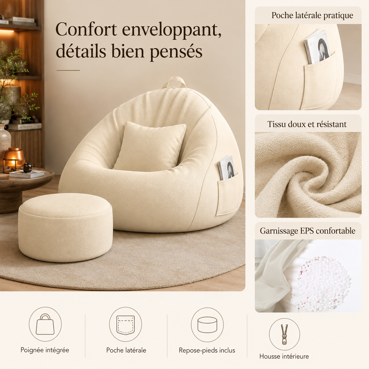 Caractéristiques du pouf poire géant avec repose-pieds, poignée et poche latérale