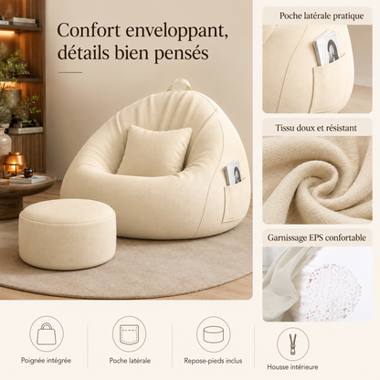 Caractéristiques du pouf poire géant avec repose-pieds, poignée et poche latérale