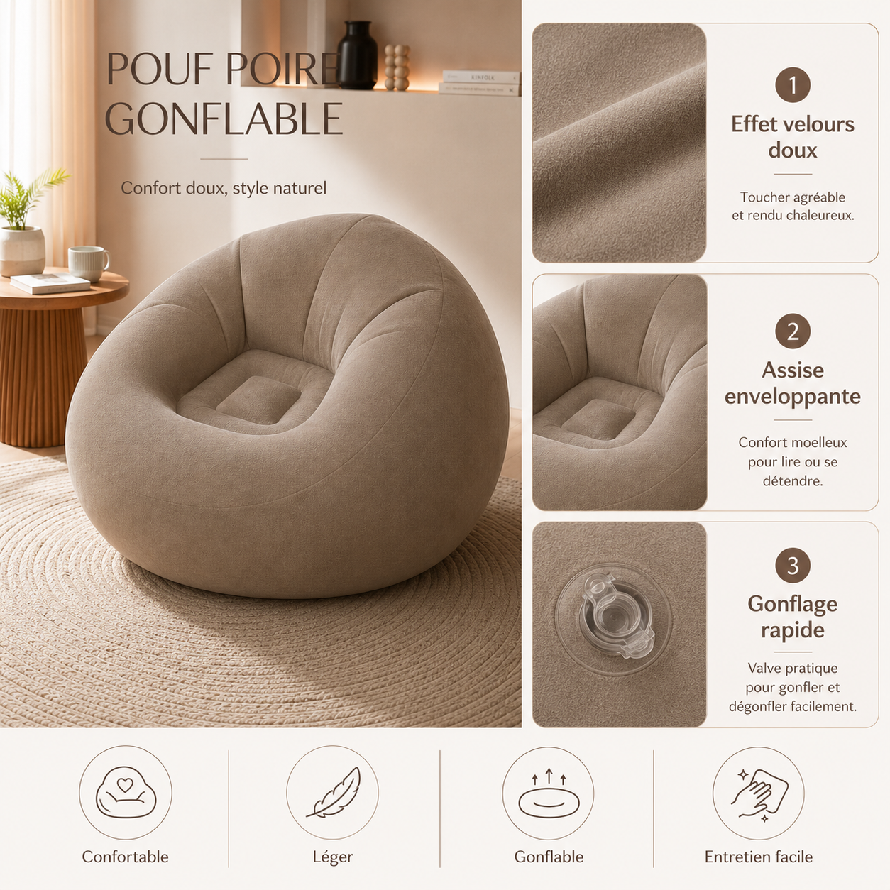 Présentation des caractéristiques du pouf poire gonflable avec revêtement effet velours et valve intégrée