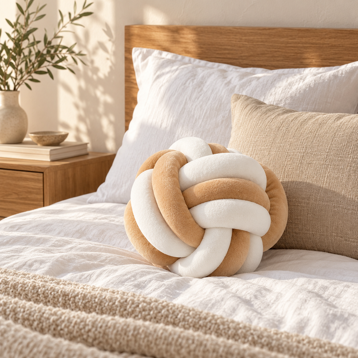 Coussin nœud en velours blanc et camel posé sur un lit aux draps blancs