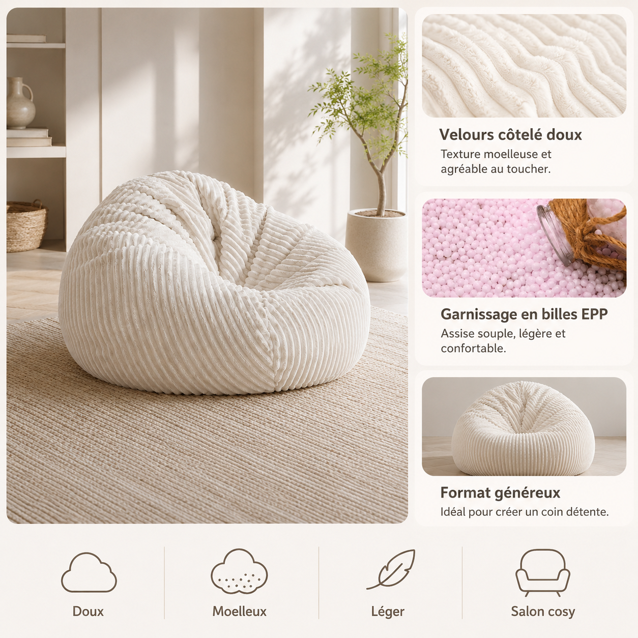 Pouf poire géant en velours côtelé