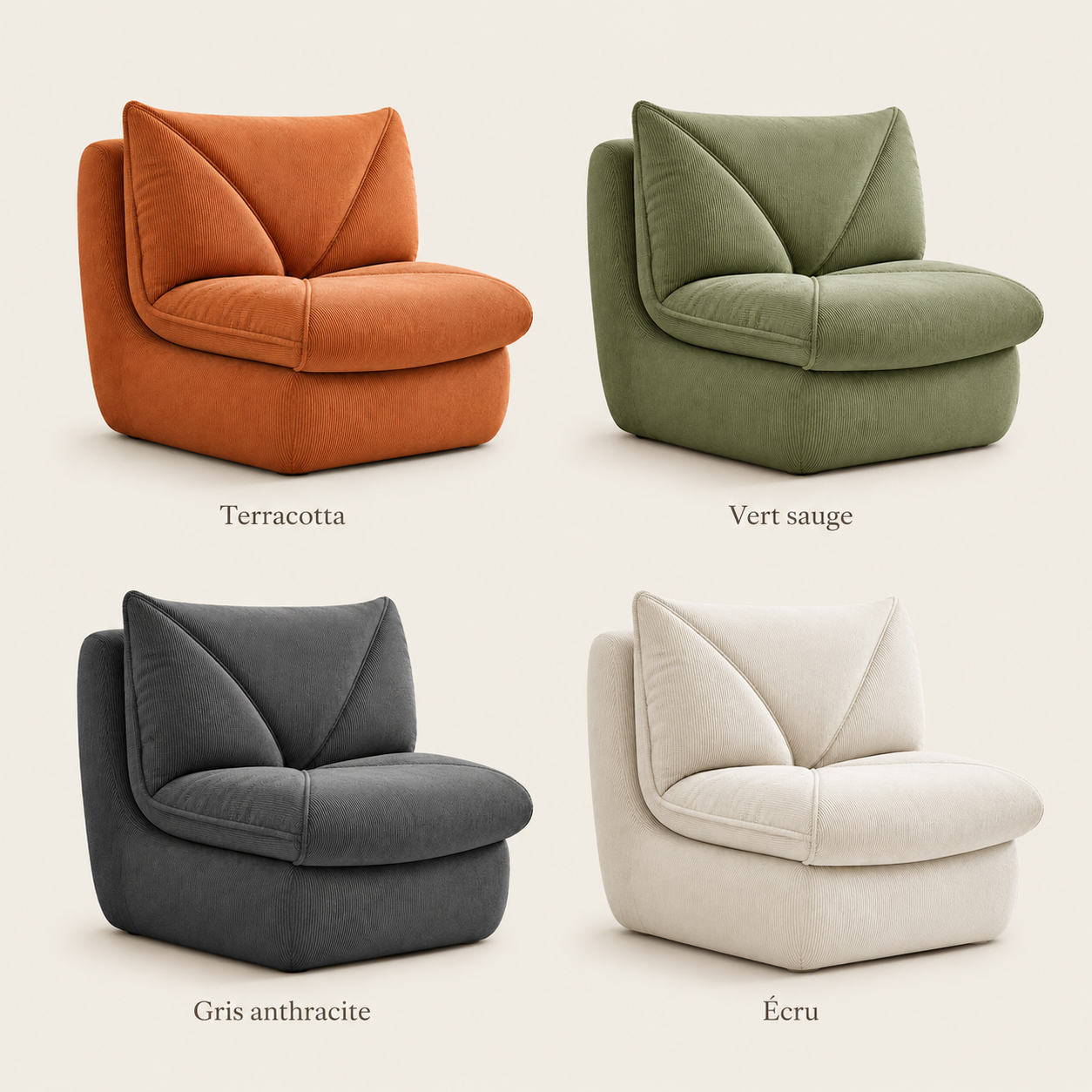 Différents coloris du fauteuil pouf salon en velours côtelé : marron caramel, vert olive, gris foncé et beige
