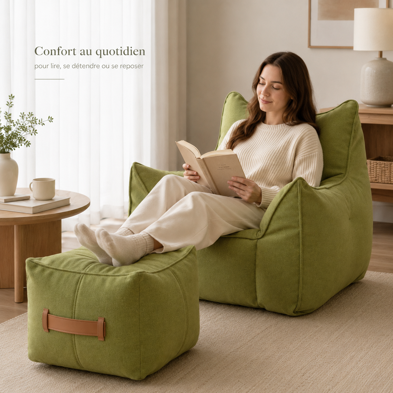 Personne assise dans un pouf salon en tissu avec repose-pieds assorti